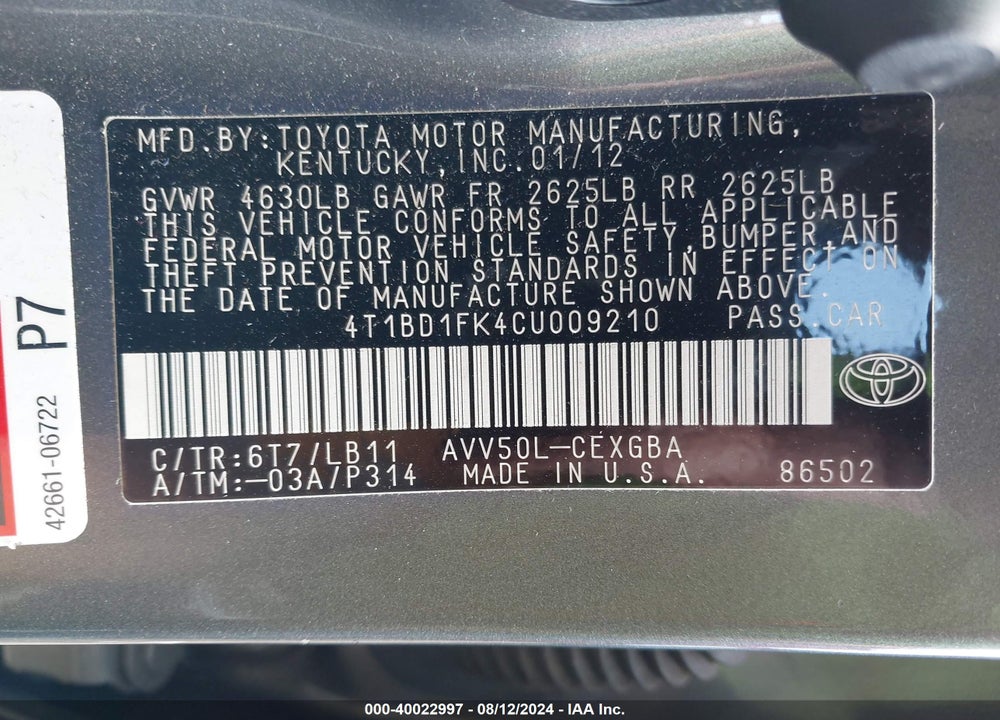 2012 TOYOTA CAMRY HYBRID XLE VIN: 4T1BD1FK4CU009210