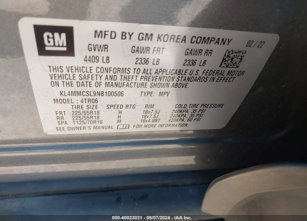 2022 BUICK ENCORE GX AWD PREFERRED VIN: KL4MMCSL9NB100506