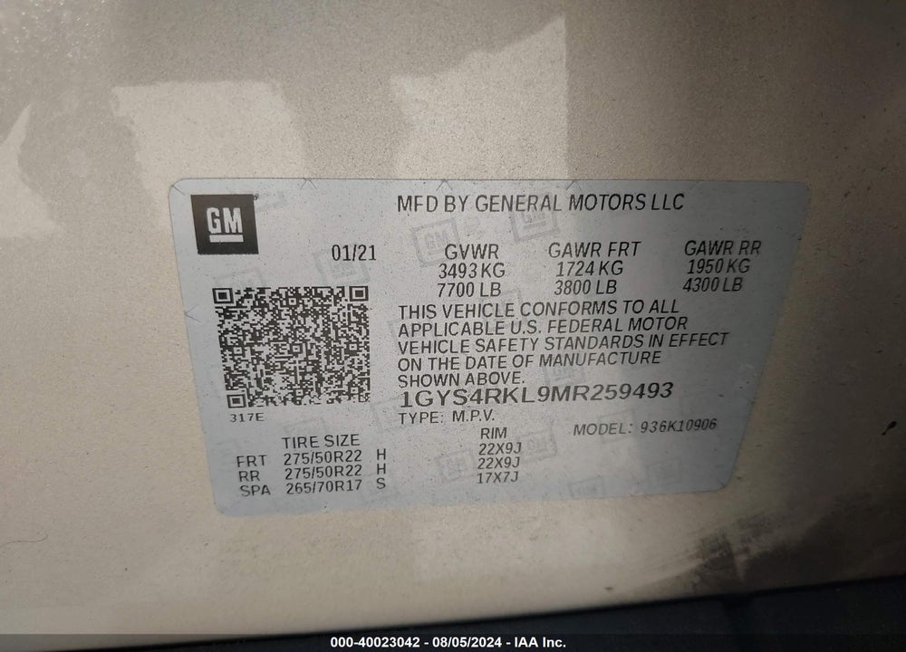 2021 CADILLAC ESCALADE VIN: 1GYS4RKL9MR259493