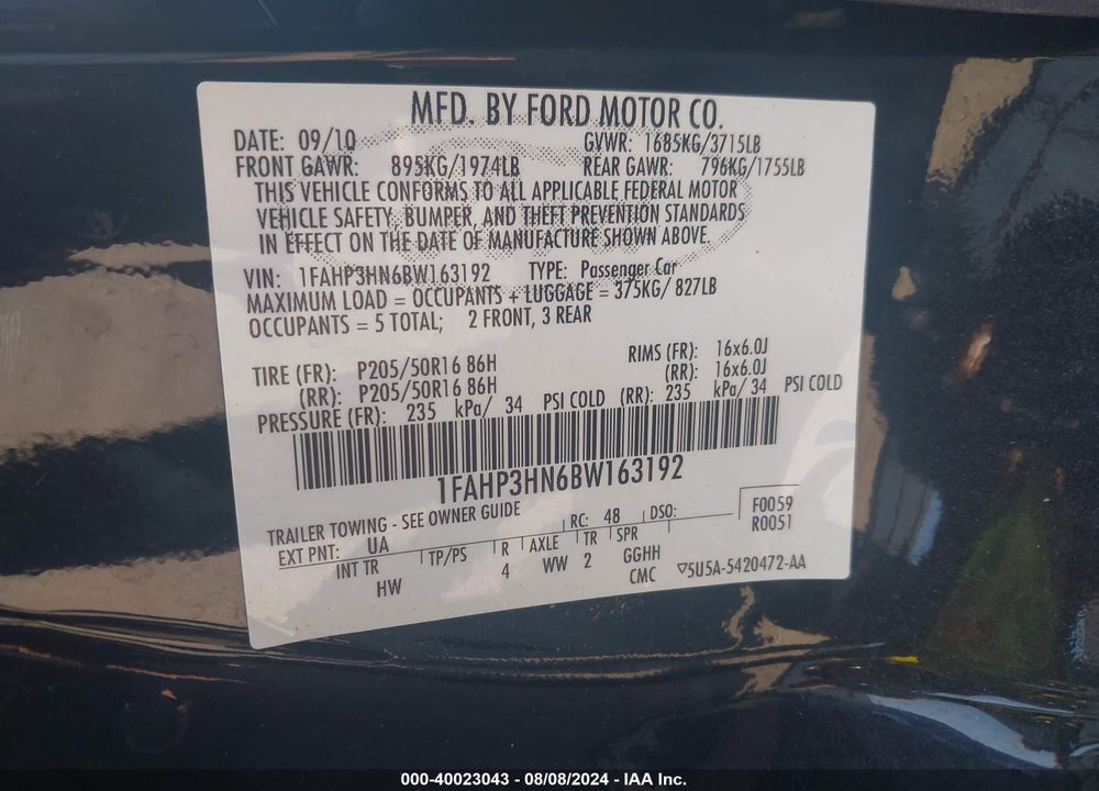 2011 FORD FOCUS SEL VIN: 1FAHP3HN6BW163192