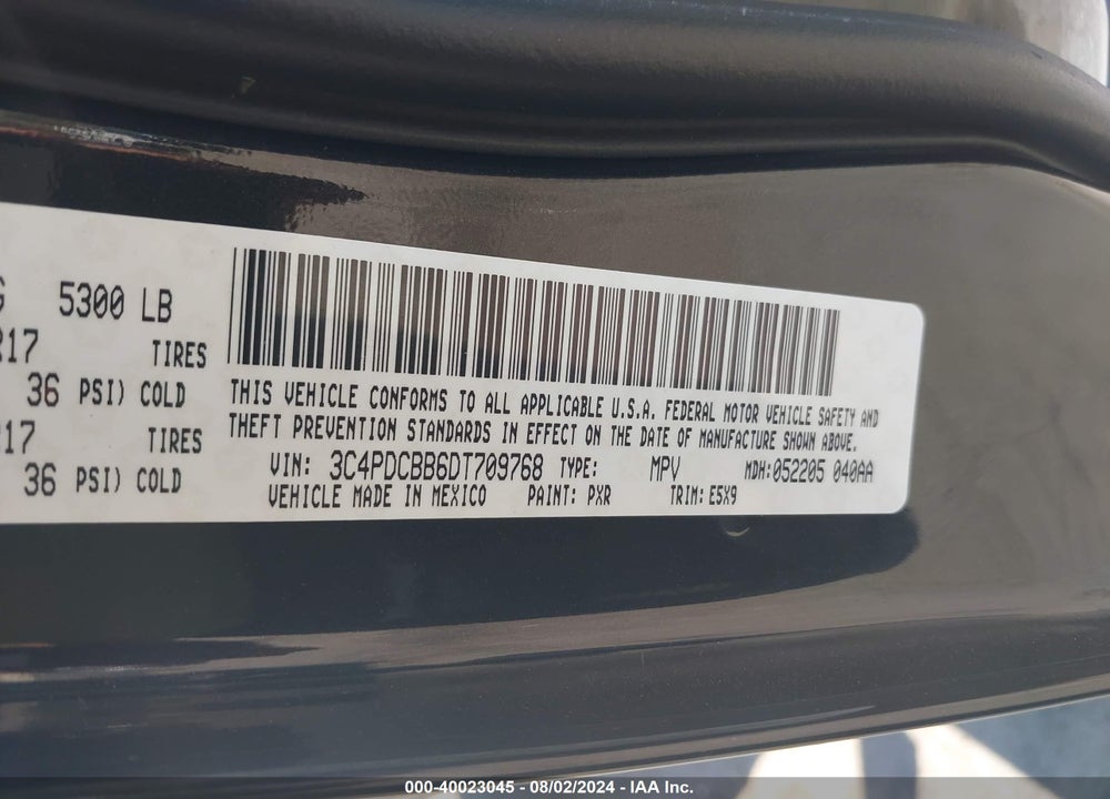 2013 DODGE JOURNEY SXT VIN: 3C4PDCBB6DT709768