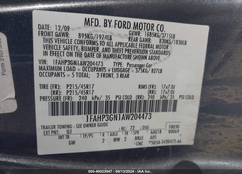 2010 FORD FOCUS SES VIN: 1FAHP3GN1AW204473