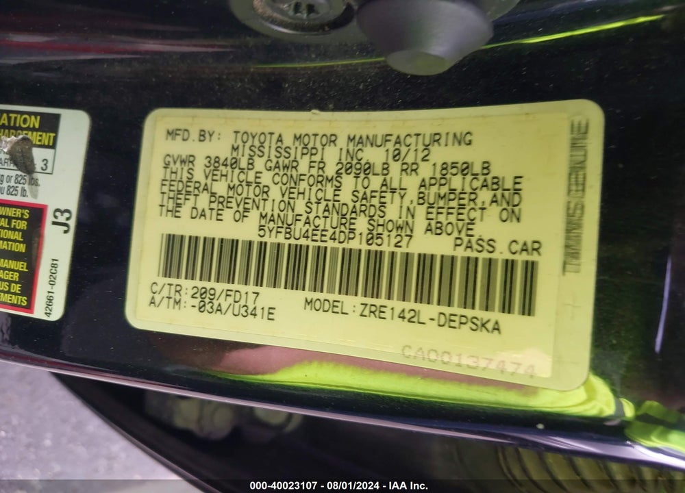 2013 TOYOTA COROLLA S VIN: 5YFBU4EE4DP105127