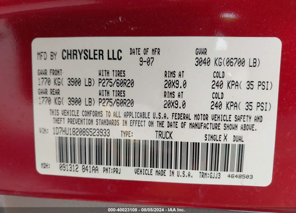 2008 DODGE RAM 1500 LARAMIE VIN: 1D7HU18208S523933