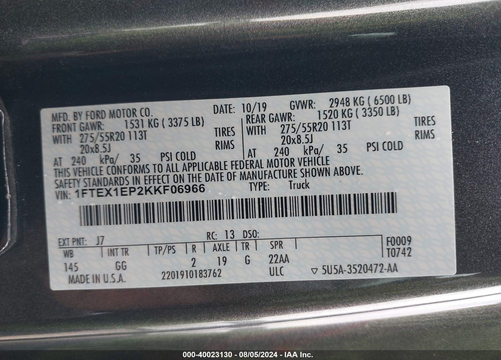 2019 FORD F-150 XL VIN: 1FTEX1EP2KKF06966