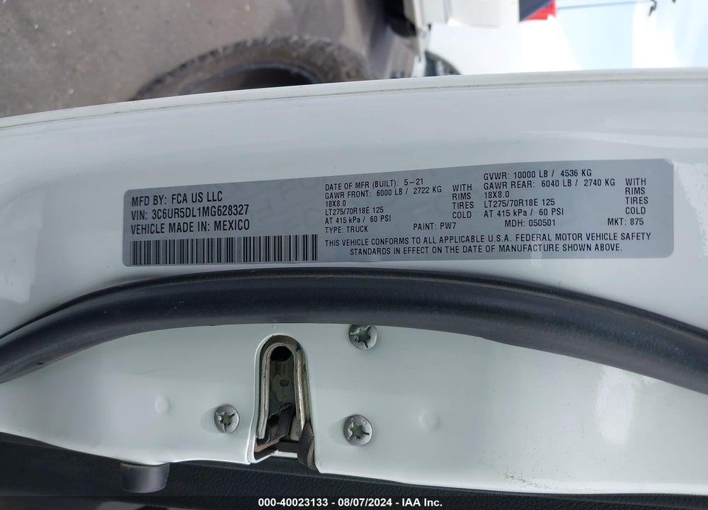 2021 RAM 2500 BIG HORN 4X4 6'4 BOX VIN: 3C6UR5DL1MG628327
