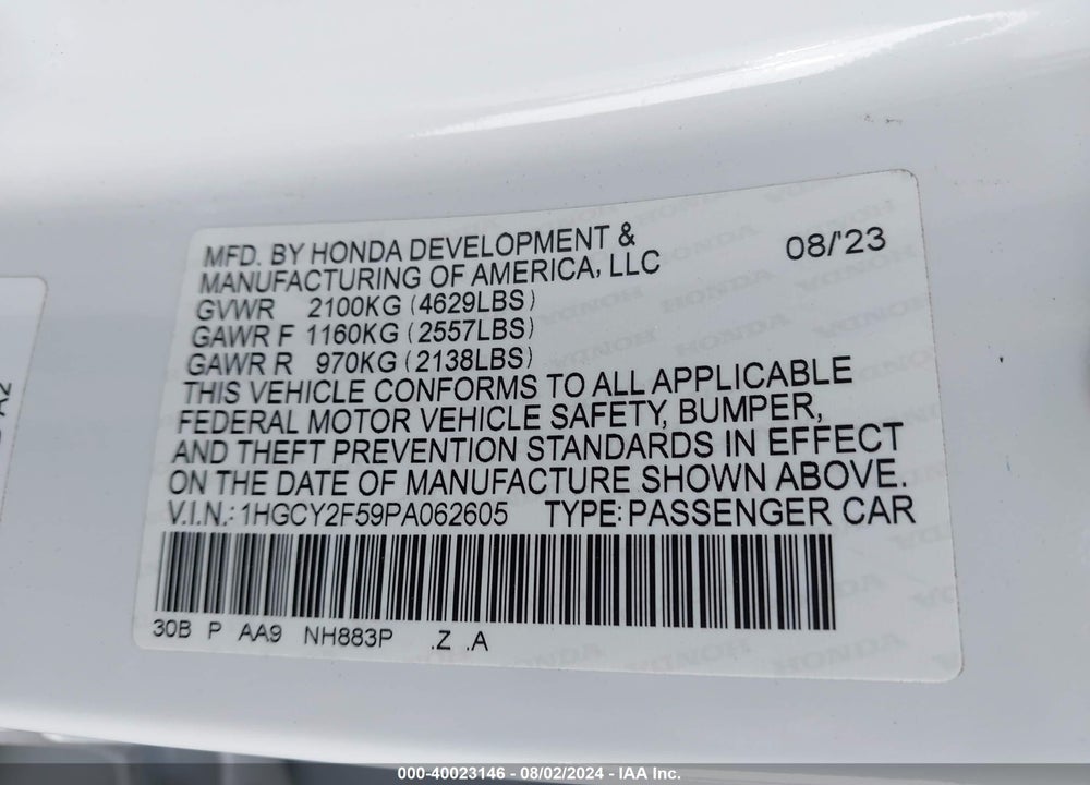 2023 HONDA ACCORD HYBRID SPORT VIN: 1HGCY2F59PA062605