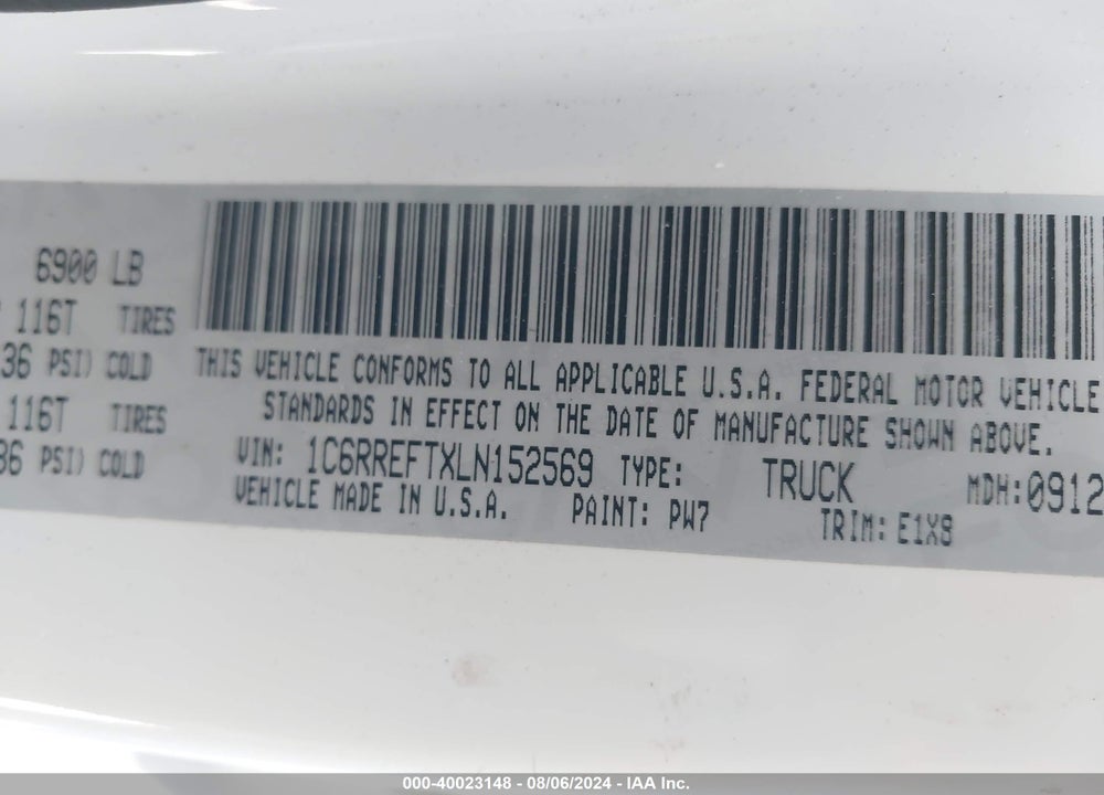 2020 RAM 1500 BIG HORN 4X2 5'7 BOX VIN: 1C6RREFTXLN152569