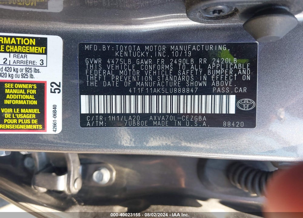 2020 TOYOTA CAMRY XLE VIN: 4T1F11AK5LU888847