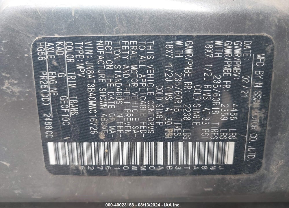 2021 NISSAN ROGUE SV FWD VIN: JN8AT3BA0MW016726