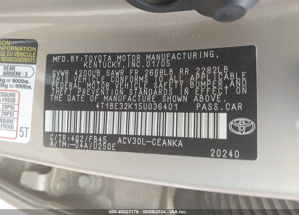 2005 TOYOTA CAMRY STD/ VIN: 4T1BE32K15U036401