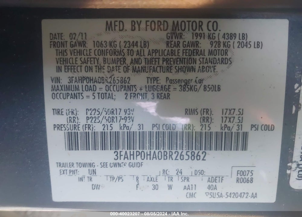 2011 FORD FUSION SE VIN: 3FAHP0HA0BR265862