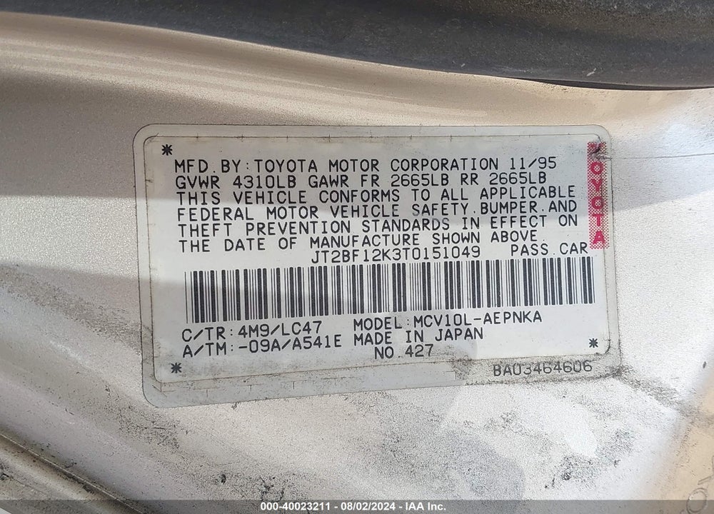 1996 TOYOTA CAMRY VIN: JT2BF12K3T0151049
