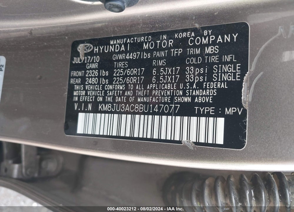 2011 HYUNDAI TUCSON GLS VIN: KM8JU3AC8BU147077