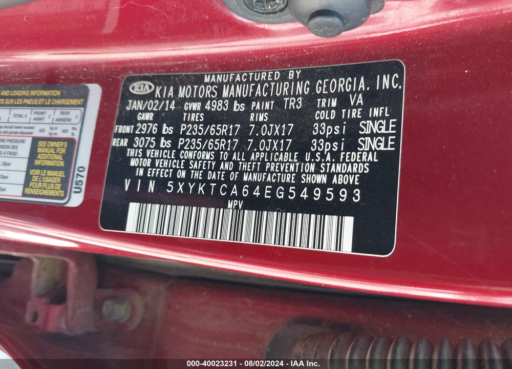 2014 KIA SORENTO LX VIN: 5XYKTCA64EG549593