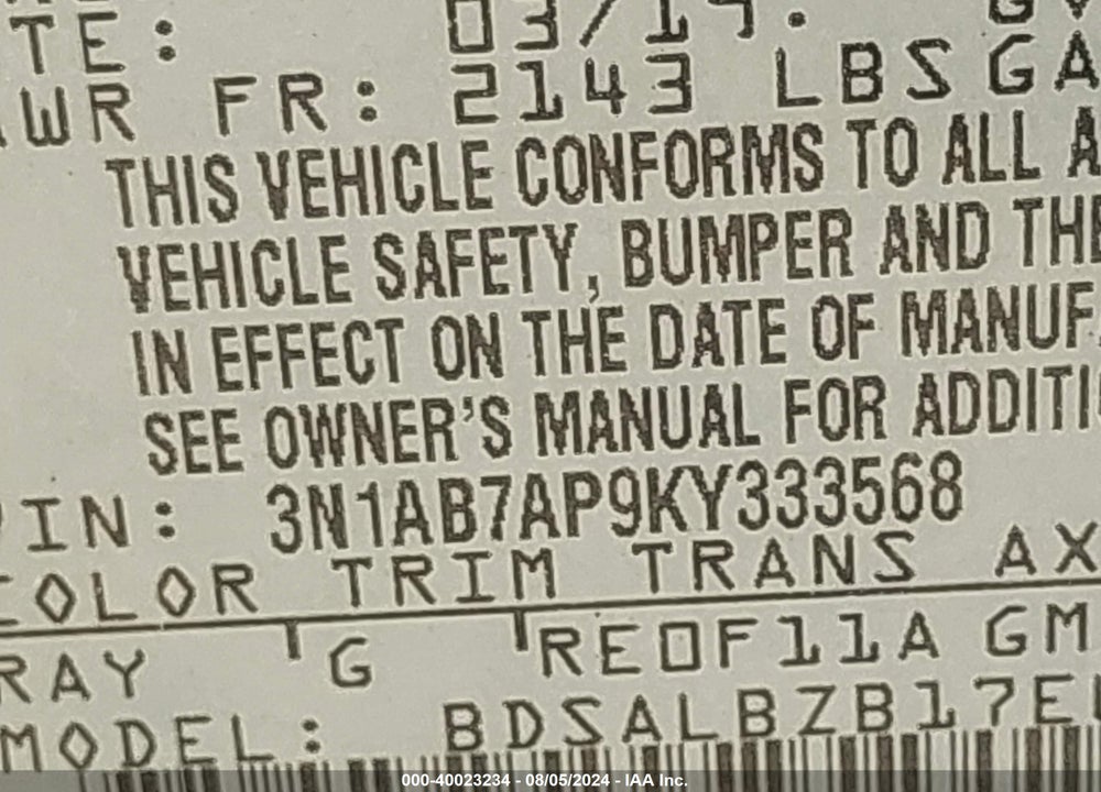2019 NISSAN SENTRA S VIN: 3N1AB7AP9KY333568