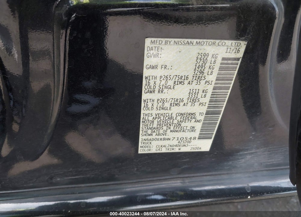 2017 NISSAN FRONTIER VIN: 1N6AD0ER8HN710548