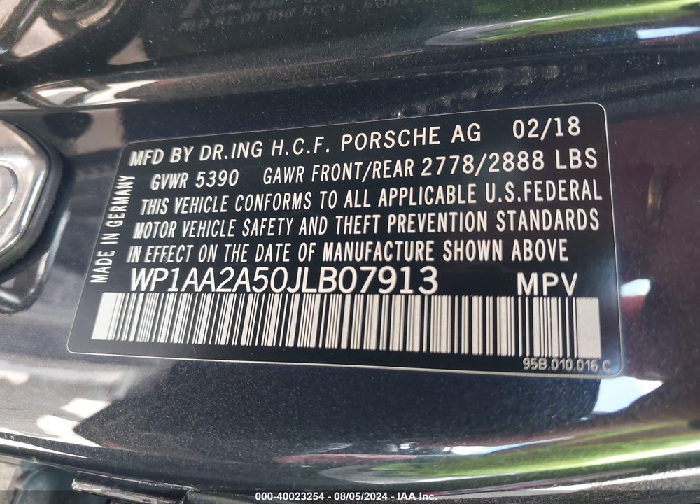 2018 PORSCHE MACAN VIN: WP1AA2A50JLB07913