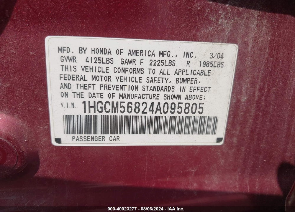 2004 HONDA ACCORD 2.4 EX VIN: 1HGCM56824A095805