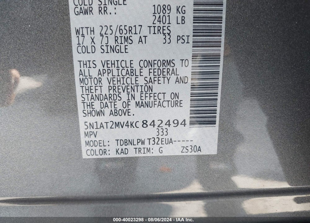 2019 NISSAN ROGUE S VIN: 5N1AT2MV4KC842494