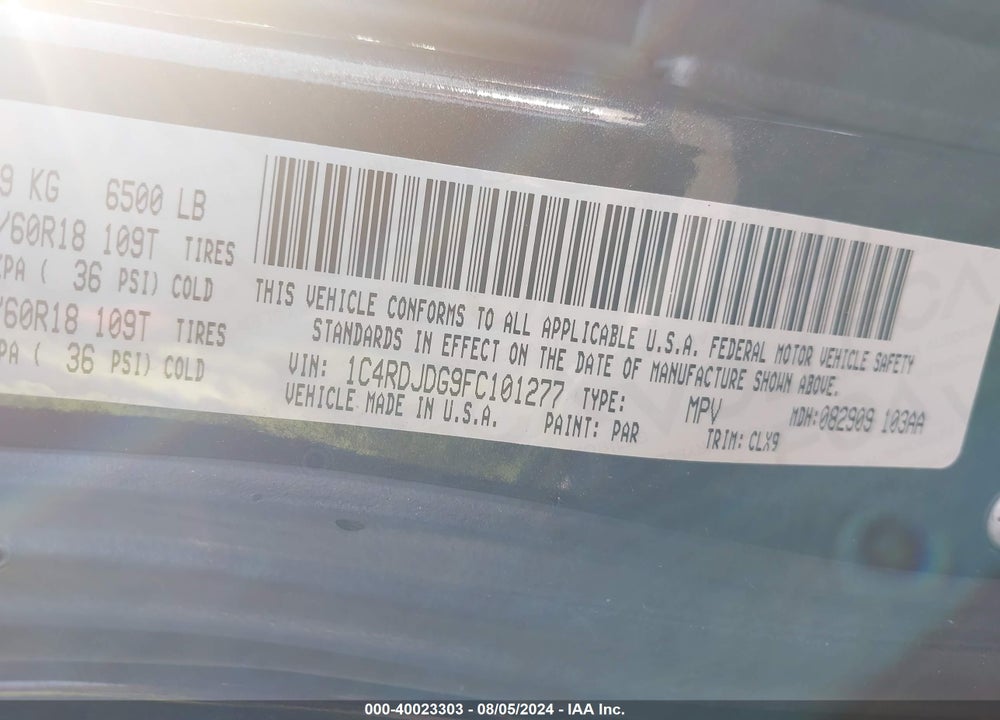 2015 DODGE DURANGO LIMITED VIN: 1C4RDJDG9FC101277