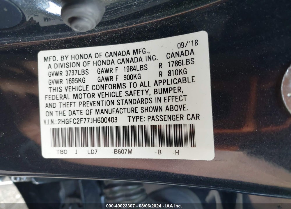 2018 HONDA CIVIC EX VIN: 2HGFC2F77JH600403