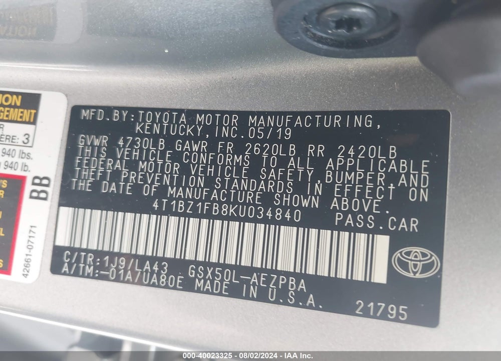 2019 TOYOTA AVALON LIMITED VIN: 4T1BZ1FB8KU034840