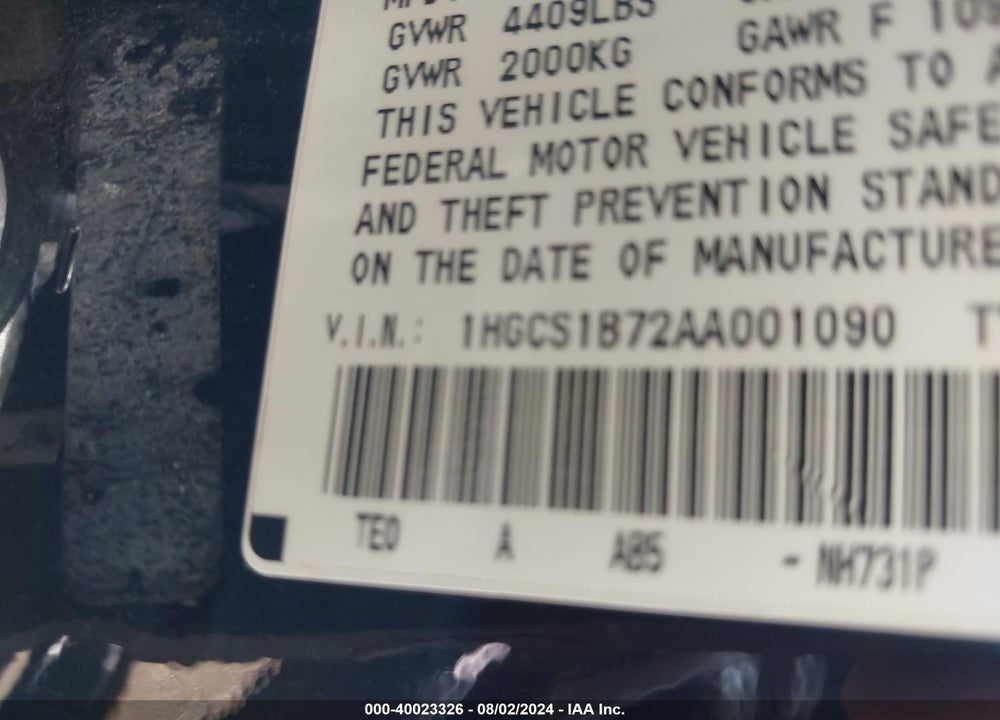 2010 HONDA ACCORD 2.4 EX VIN: 1HGCS1B72AA001090