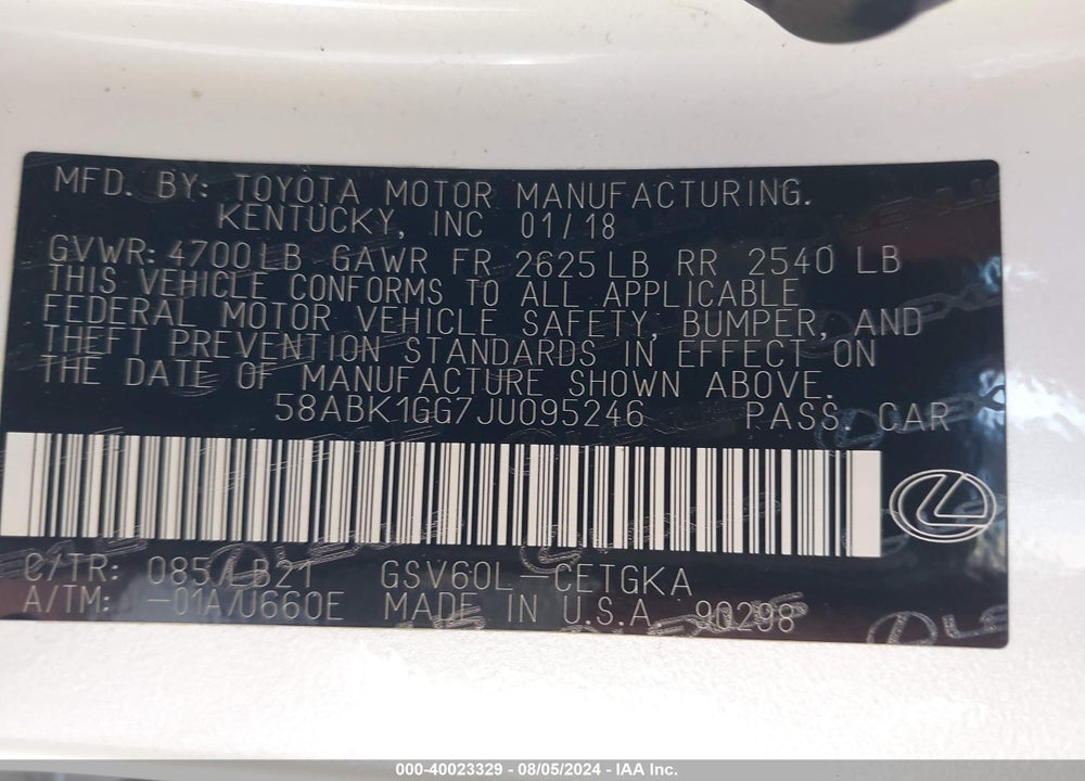 2018 LEXUS ES 350 VIN: 58ABK1GG7JU095246