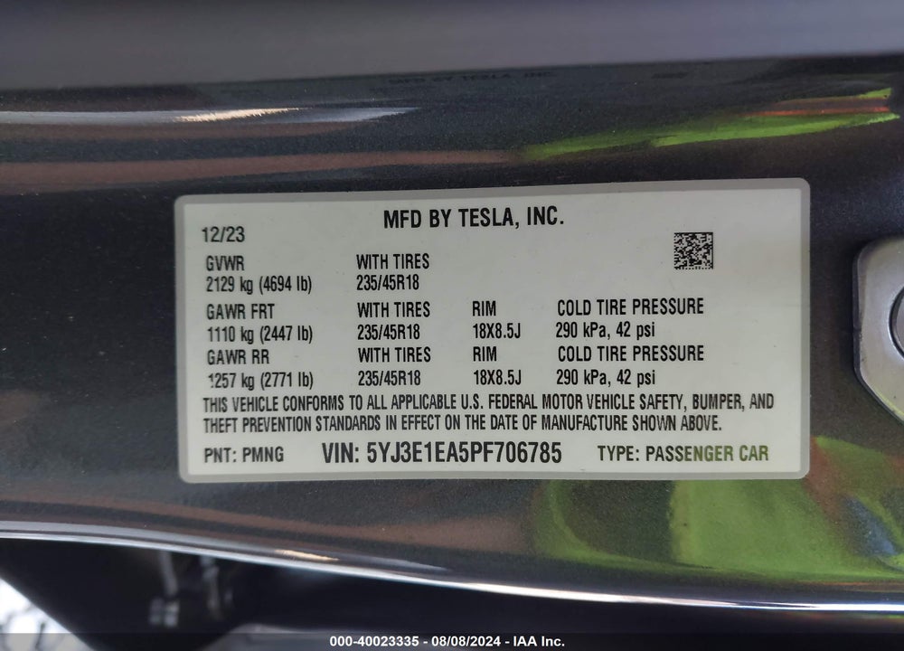 2023 TESLA MODEL 3 REAR-WHEEL DRIVE VIN: 5YJ3E1EA5PF706785