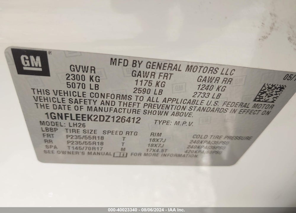 2013 CHEVROLET EQUINOX 1LT VIN: 1GNFLEEK2DZ126412