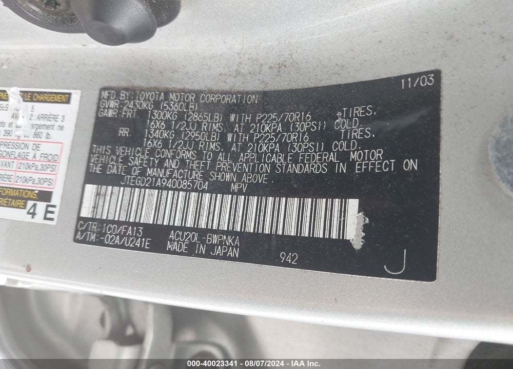 2004 TOYOTA HIGHLANDER VIN: JTEGD21A940085704