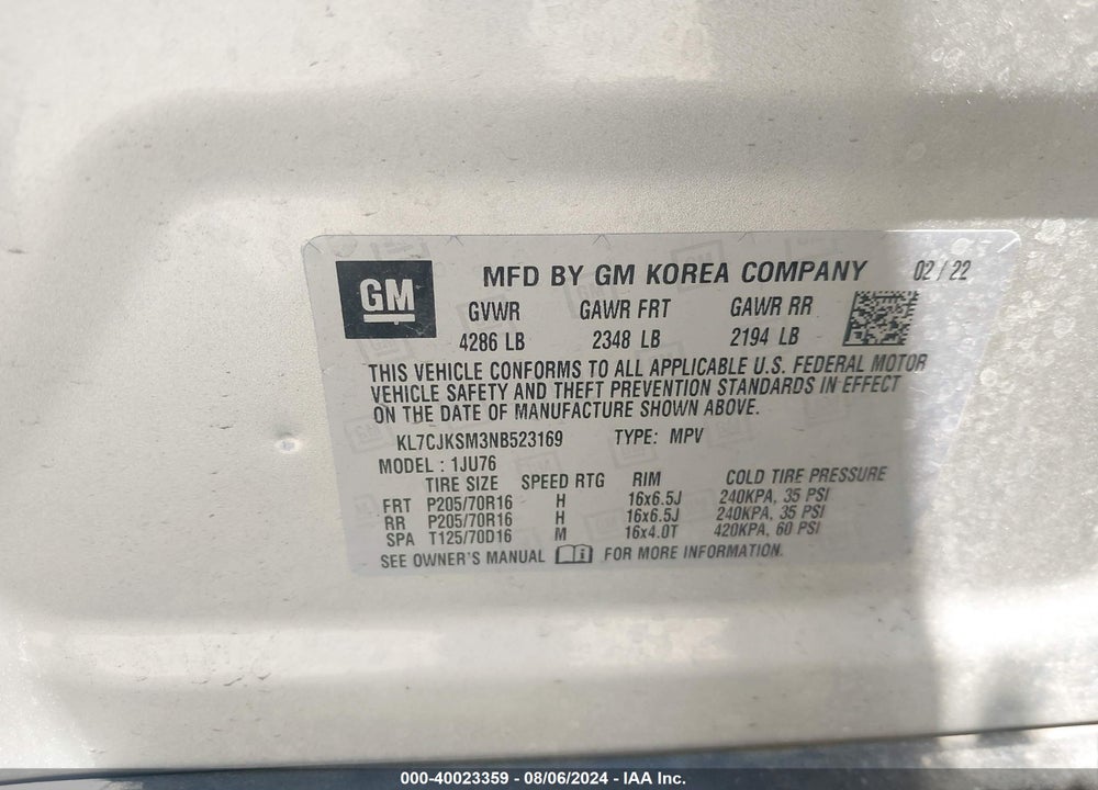 2022 CHEVROLET TRAX FWD LS VIN: KL7CJKSM3NB523169