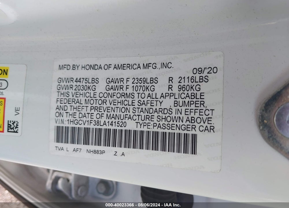 2020 HONDA ACCORD SPORT VIN: 1HGCV1F38LA141520