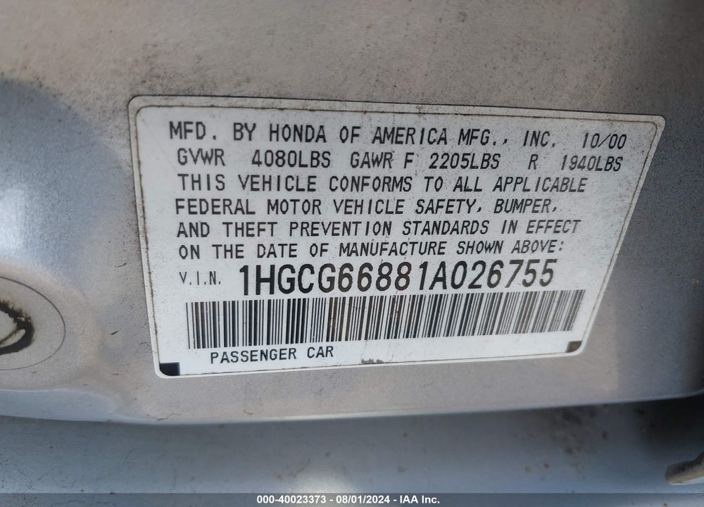 2001 HONDA ACCORD 2.3 EX VIN: 1HGCG66881A026755