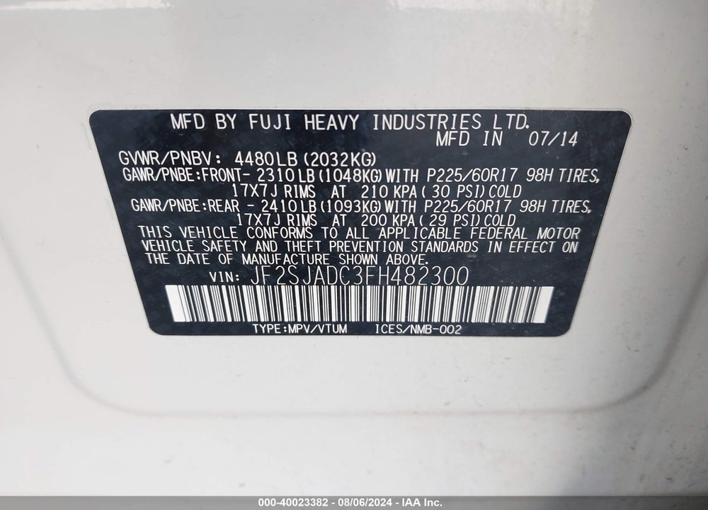 2015 FORESTER SUBARU  2.5I PREMIUM VIN: JF2SJADC3FH482300
