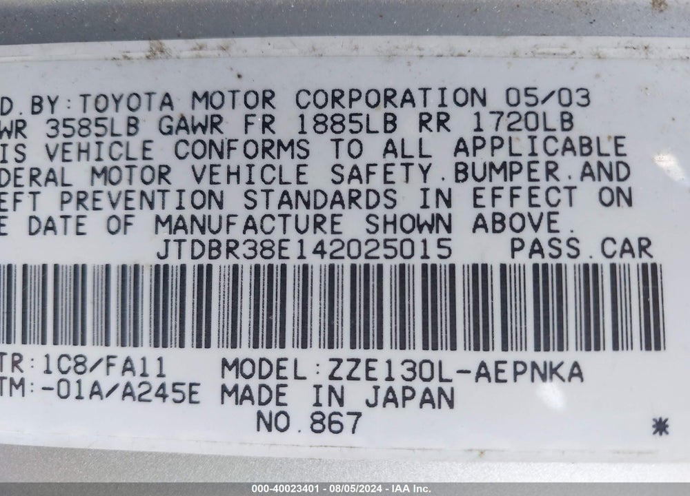 2004 TOYOTA COROLLA LE VIN: JTDBR38E142025015