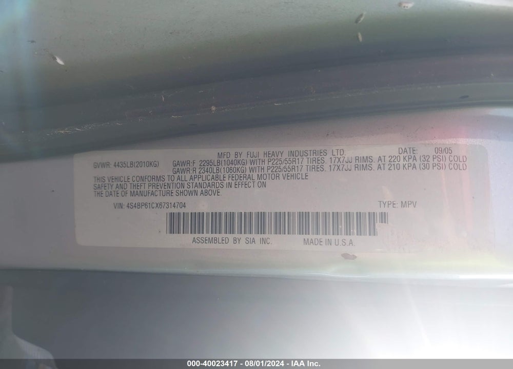 2006 SUBARU OUTBACK 2.5I VIN: 4S4BP61CX67314704