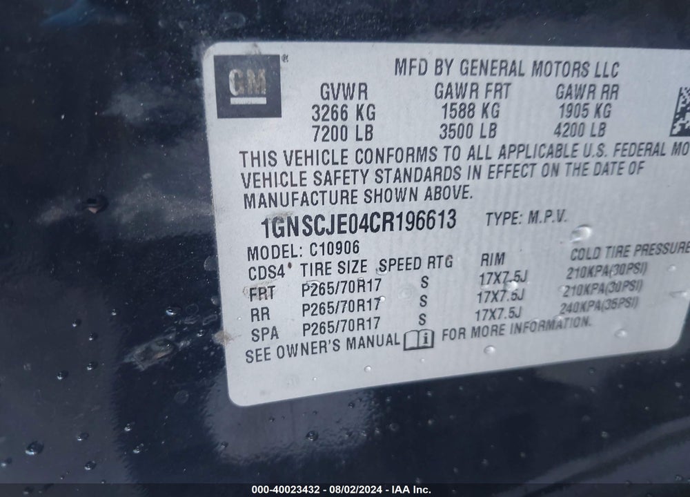2012 CHEVROLET SUBURBAN 1500 LT VIN: 1GNSCJE04CR196613