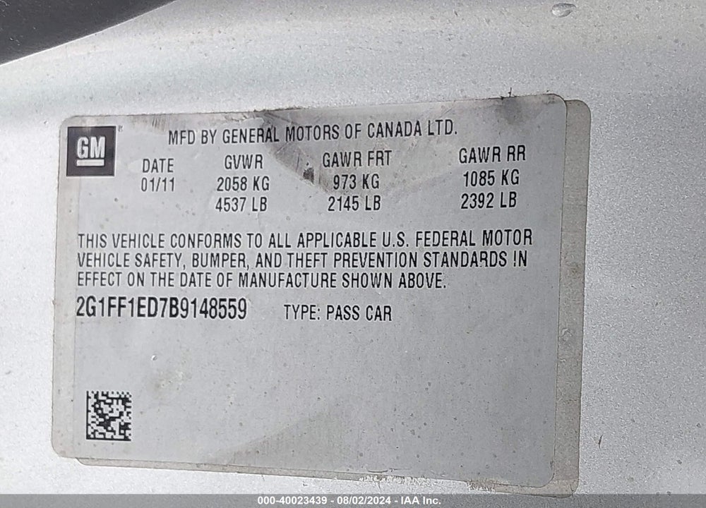 2011 CHEVROLET CAMARO 1LT VIN: 2G1FF1ED7B9148559