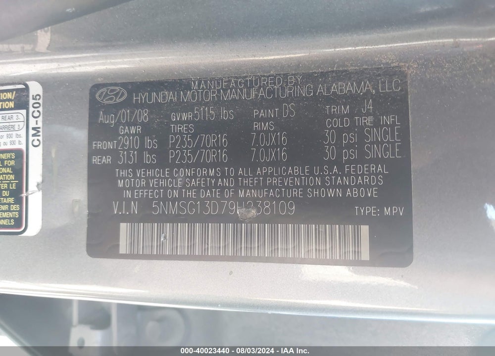 2009 HYUNDAI SANTA FE GLS VIN: 5NMSG13D79H238109