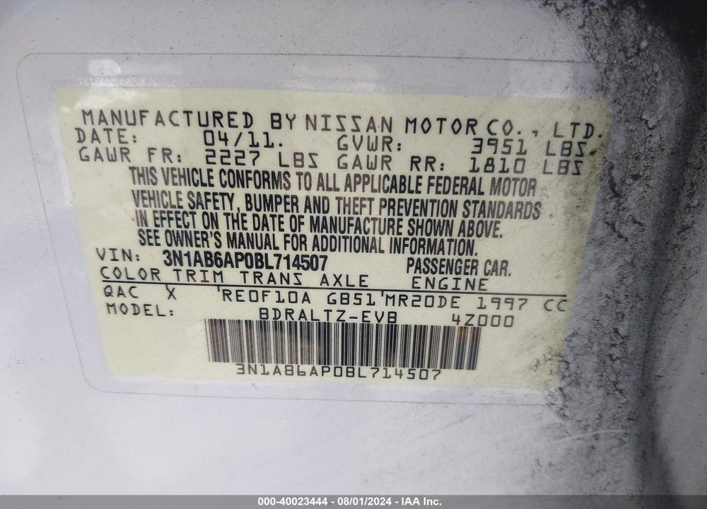 2011 NISSAN SENTRA 2.0S VIN: 3N1AB6AP0BL714507