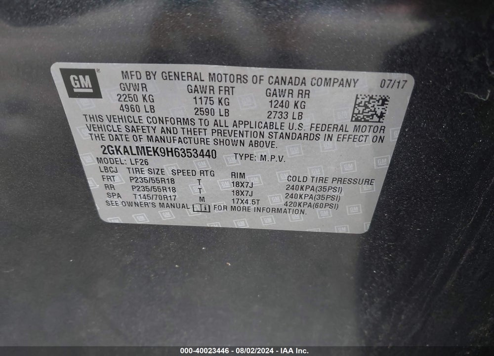 2017 GMC TERRAIN SLE-1 VIN: 2GKALMEK9H6353440