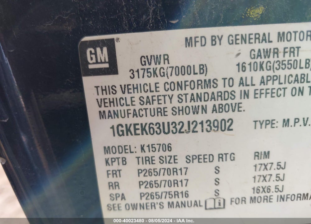 2002 GMC YUKON DENALI VIN: 1GKEK63U32J213902
