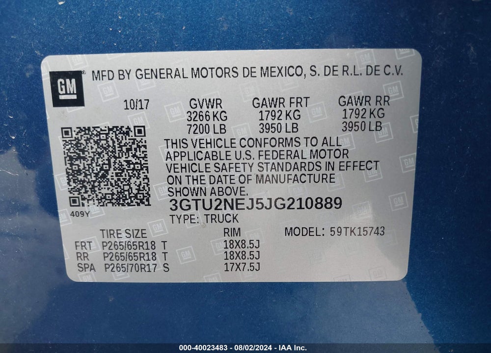2018 GMC SIERRA 1500 SLT VIN: 3GTU2NEJ5JG210889