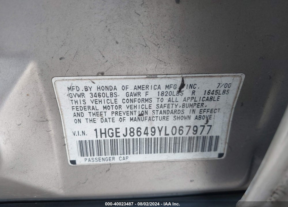 2000 HONDA CIVIC EX VIN: 1HGEJ8649YL067977