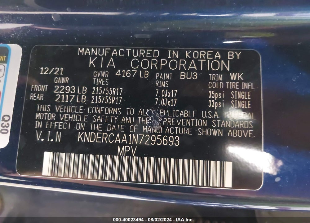 2022 KIA SELTOS EX VIN: KNDERCAA1N7295693