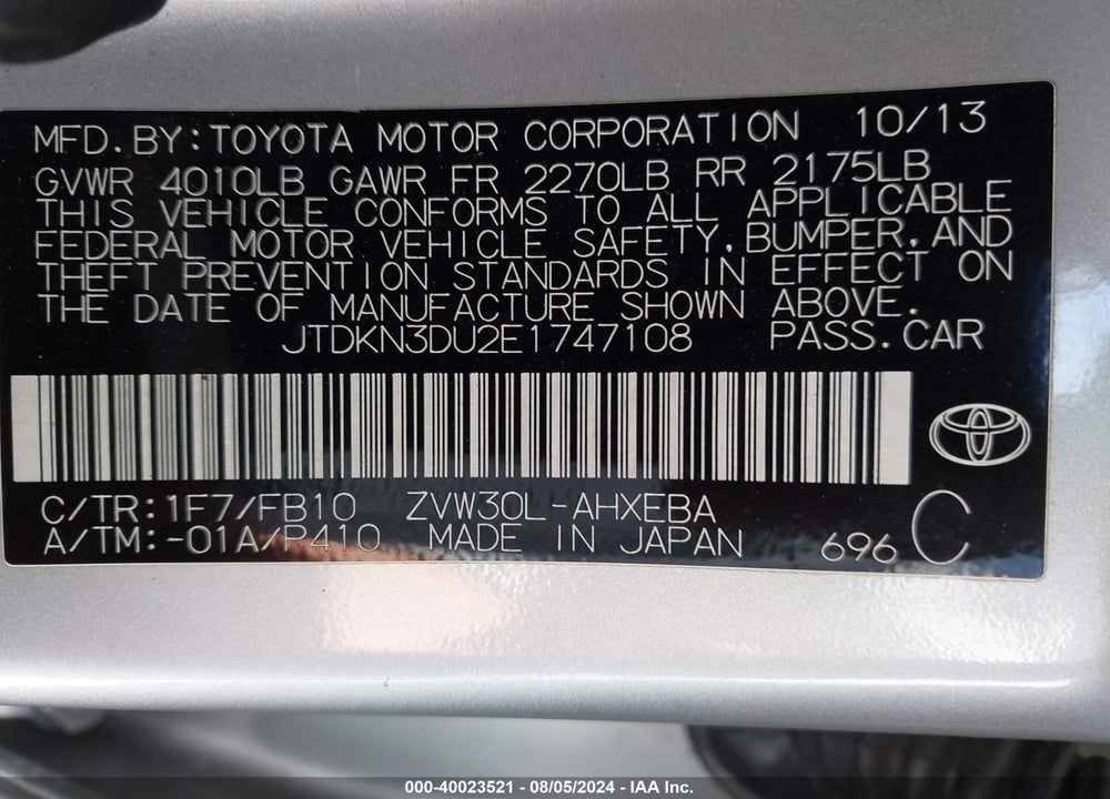 2014 TOYOTA PRIUS VIN: JTDKN3DU2E1747108