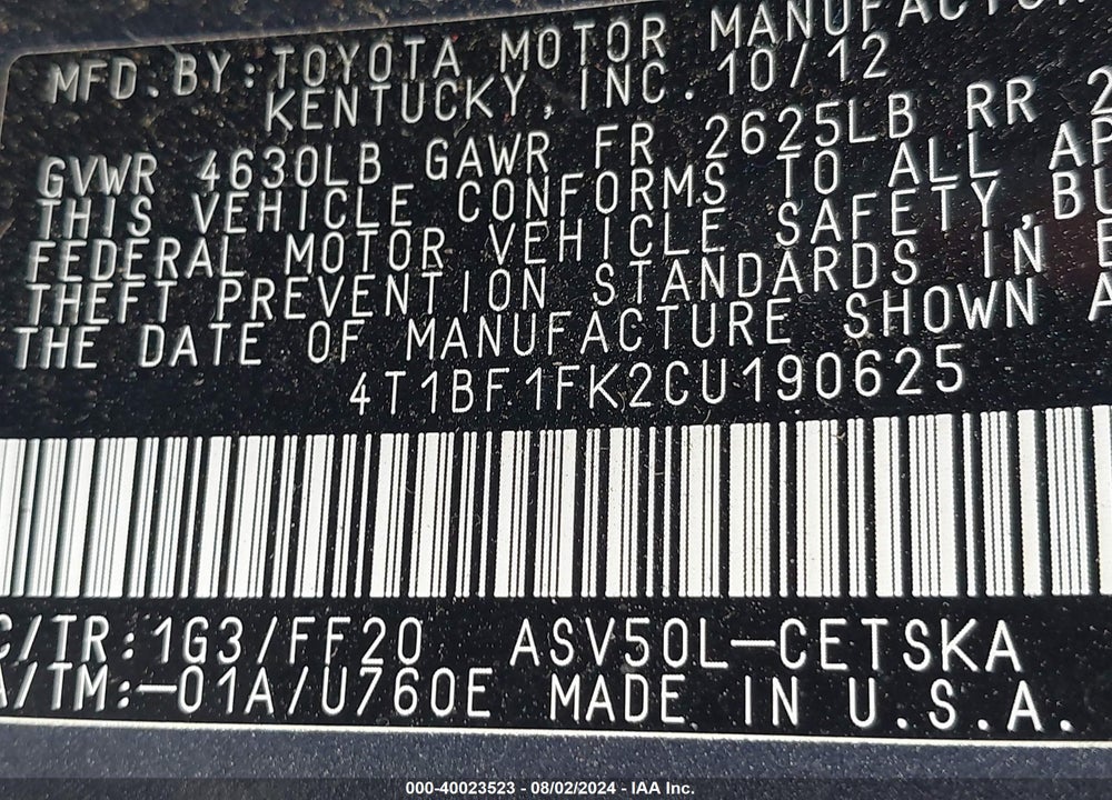 2012 TOYOTA CAMRY SE VIN: 4T1BF1FK2CU190625
