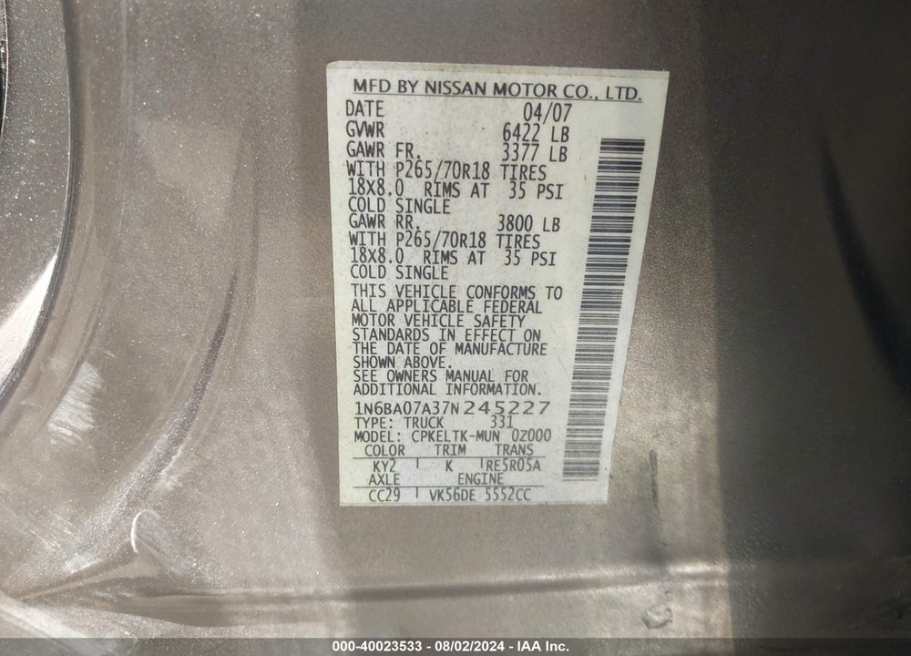 2007 NISSAN TITAN SE VIN: 1N6BA07A37N245227